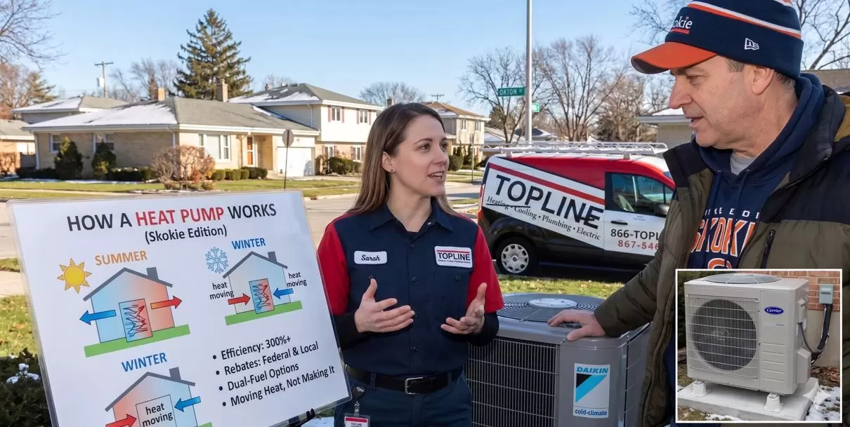 Hvac Tech Explaining Heat Pump To Homewoner