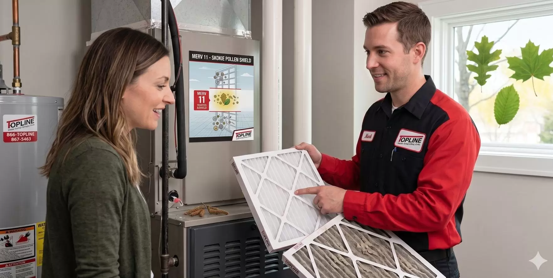 Topline Technician Showing Skokie Homeowners Air Filter Options For Pollen Season